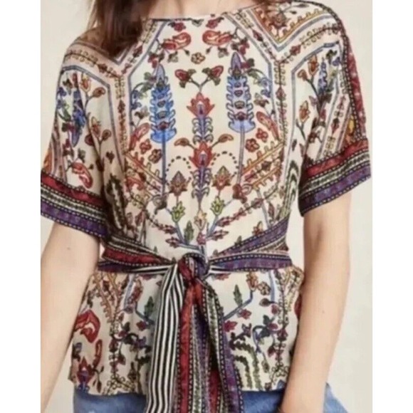 Anthropologie Vineet Bahl Embroidered Front Tie Boho Blouse Top Size Small - Picture 2 of 10